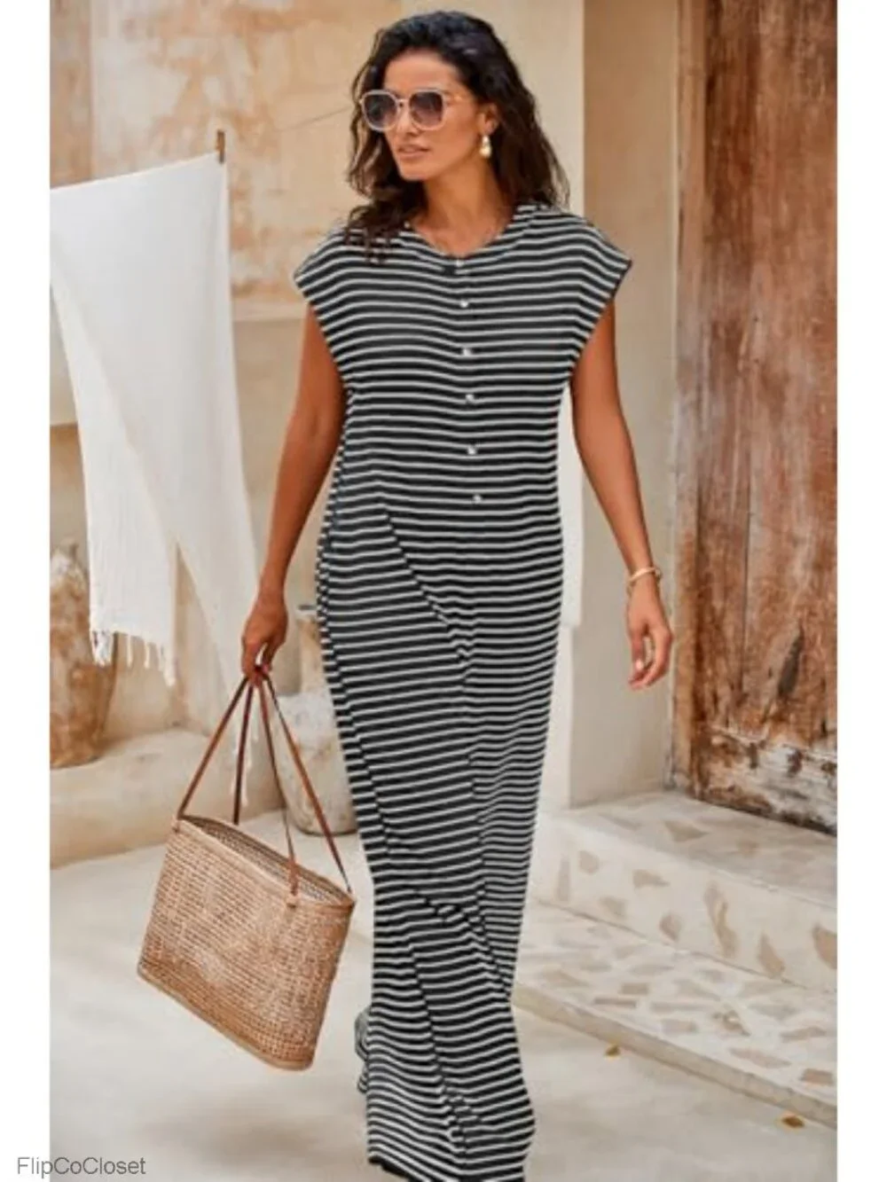 Women's Striped Wide Leg Jumpsuit Button Down Sleeveless Romper
